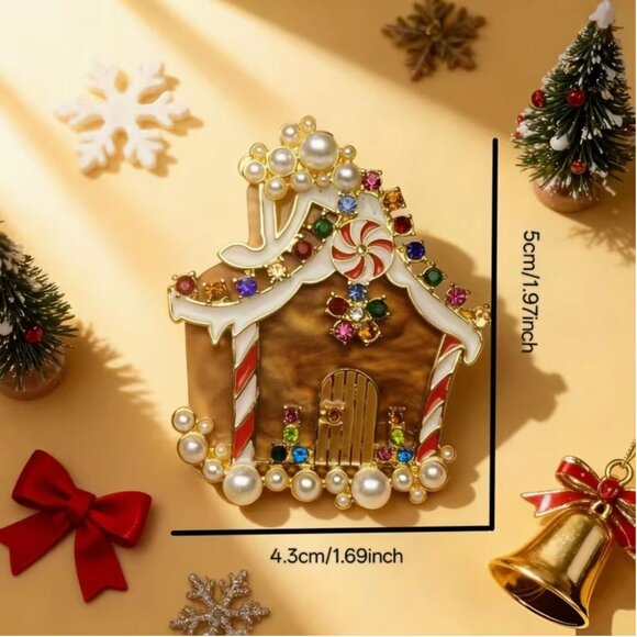 Ginger Bread House Christmas Brooch Acrylic & Enamel with Imitation Pearls - Picture 2 of 2